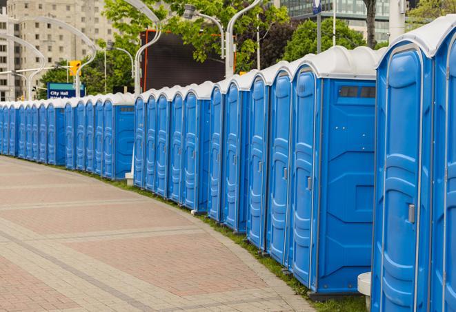 portable restrooms lined up at a marathon, ensuring runners can take a much-needed bathroom break in Easton